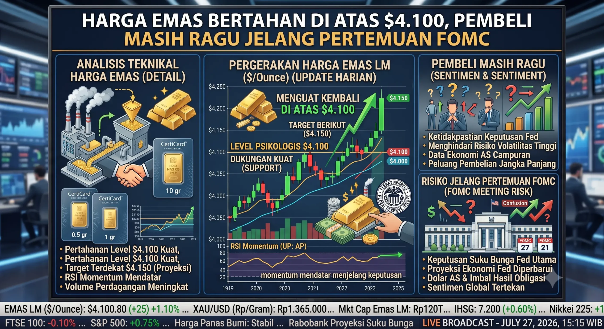 Harga Emas Bertahan di Atas $4.100, Pembeli Masih Ragu Jelang Pertemuan FOMC
