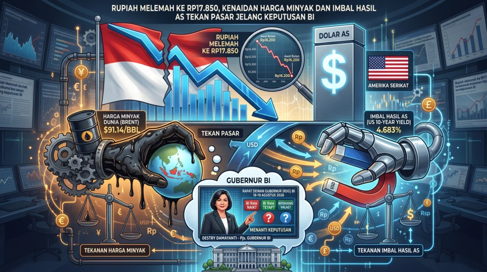 Rupiah Melemah ke Rp17.850, Kenaikan Harga Minyak dan Imbal Hasil AS Tekan Pasar Jelang Keputusan BI