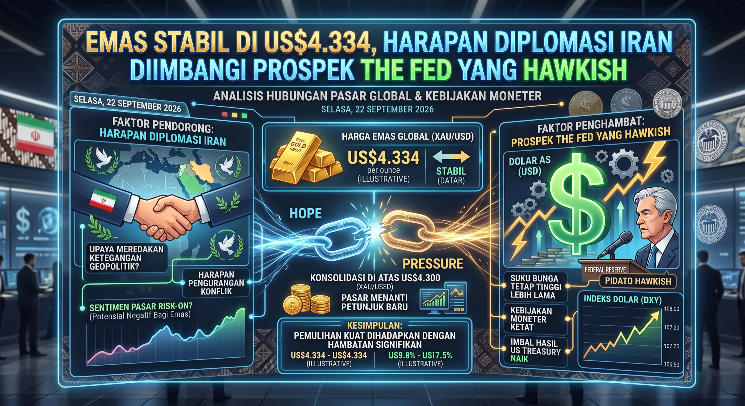 Emas Stabil di US$4.334, Harapan Diplomasi Iran Diimbangi Prospek The Fed yang Hawkish