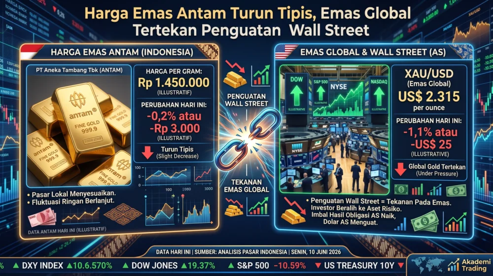 Harga Emas Antam Turun Tipis, Emas Global Tertekan Penguatan Wall Street
