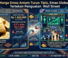 Harga Emas Antam Turun Tipis, Emas Global Tertekan Penguatan Wall Street