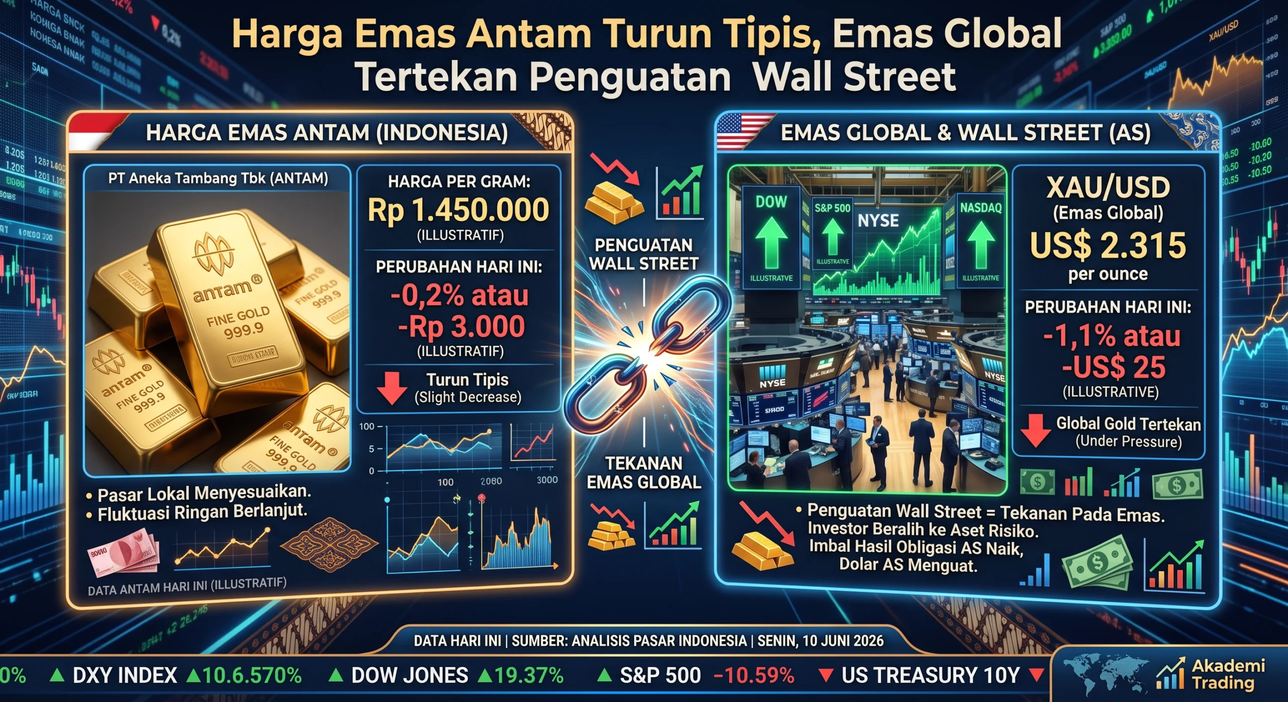Harga Emas Antam Turun Tipis, Emas Global Tertekan Penguatan Wall Street