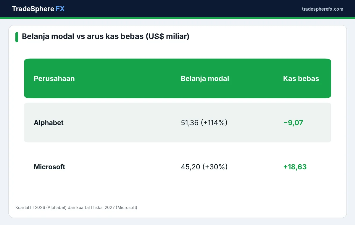 Perbandingan arus kas bebas dan belanja modal Alphabet dan Microsoft