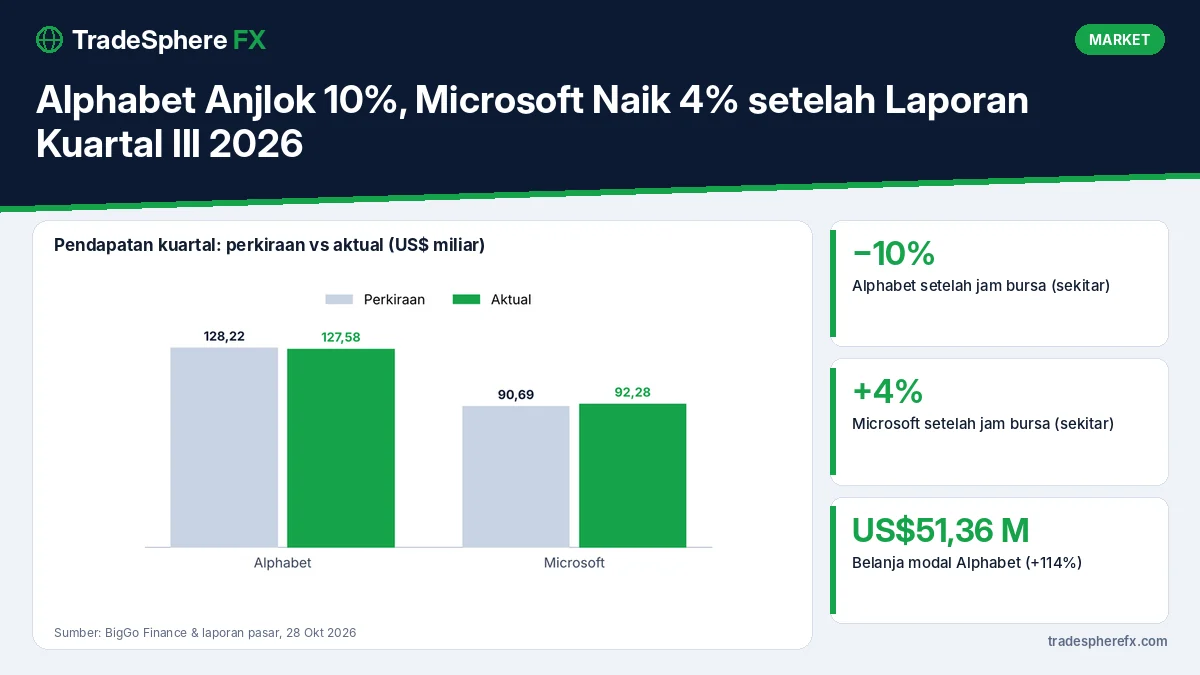 Alphabet Anjlok 10%, Microsoft Naik 4% setelah Laporan Kuartal III 2026: Ujian bagi Belanja AI