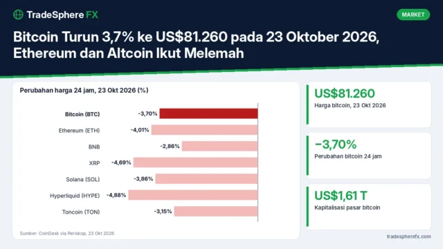 Bitcoin Turun 3,7% ke US$81.260 pada 23 Oktober 2026, Ethereum dan Altcoin Ikut Melemah
