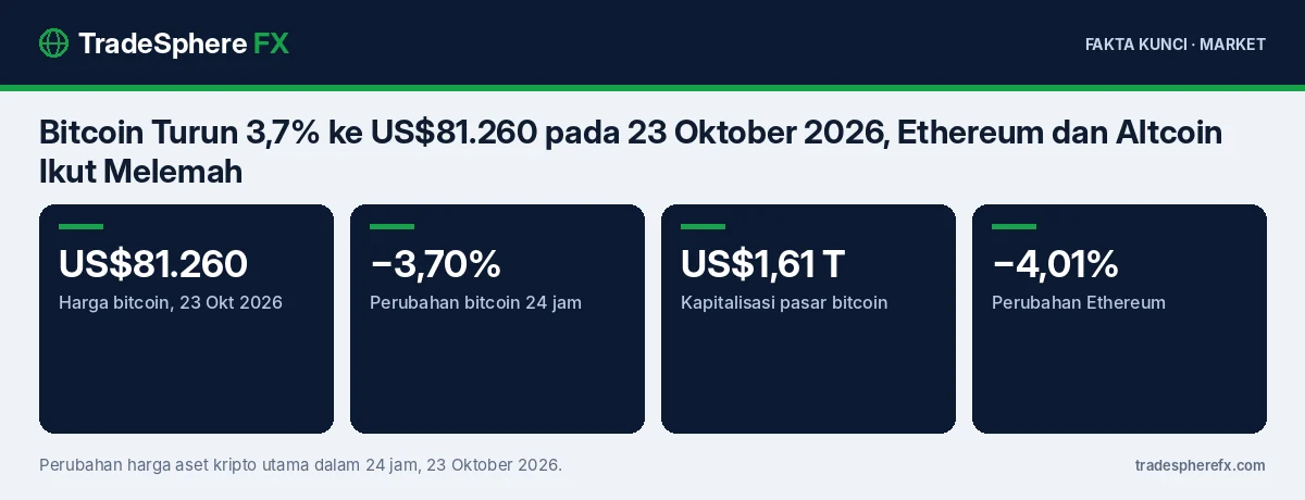 Fakta kunci: Bitcoin Turun 3,7% ke US$81.260 pada 23 Oktober 2026, Ethereum dan Altcoin Ikut Melemah