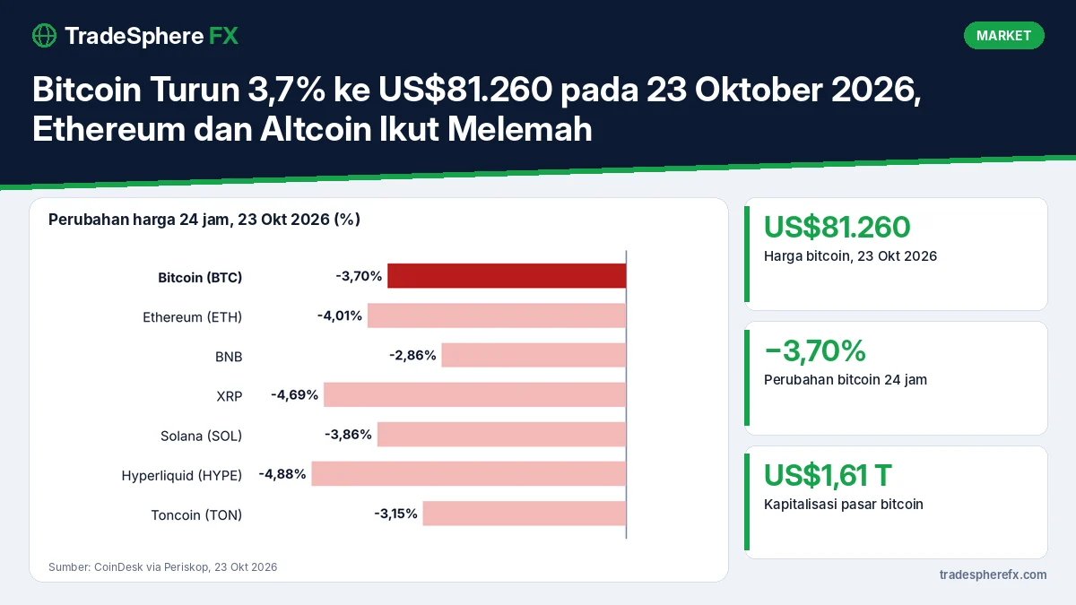 Bitcoin Turun 3,7% ke US$81.260 pada 23 Oktober 2026, Ethereum dan Altcoin Ikut Melemah