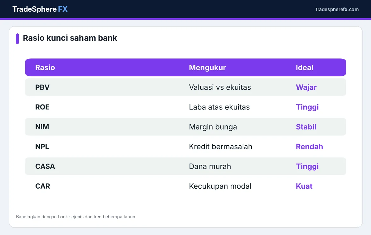 Tabel rasio kunci untuk menilai saham bank