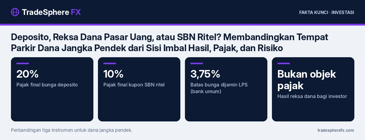 Fakta kunci: Deposito, Reksa Dana Pasar Uang, atau SBN Ritel? Membandingkan Tempat Parkir Dana Jangka Pendek dari Sisi Imbal Hasil, Pajak, dan Risiko
