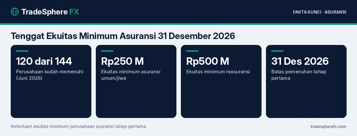 Fakta kunci: Tenggat Ekuitas Minimum Asuransi 31 Desember 2026: Baru 120 dari 144 Perusahaan yang Memenuhi