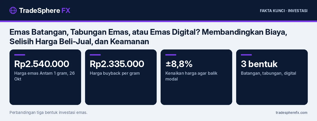 Fakta kunci: Emas Batangan, Tabungan Emas, atau Emas Digital? Membandingkan Biaya, Selisih Harga Beli-Jual, dan Keamanan