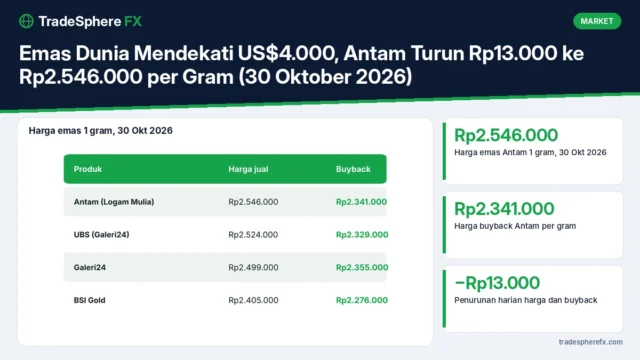 Emas Dunia Mendekati US$4.000, Antam Turun Rp13.000 ke Rp2.546.000 per Gram (30 Oktober 2026)