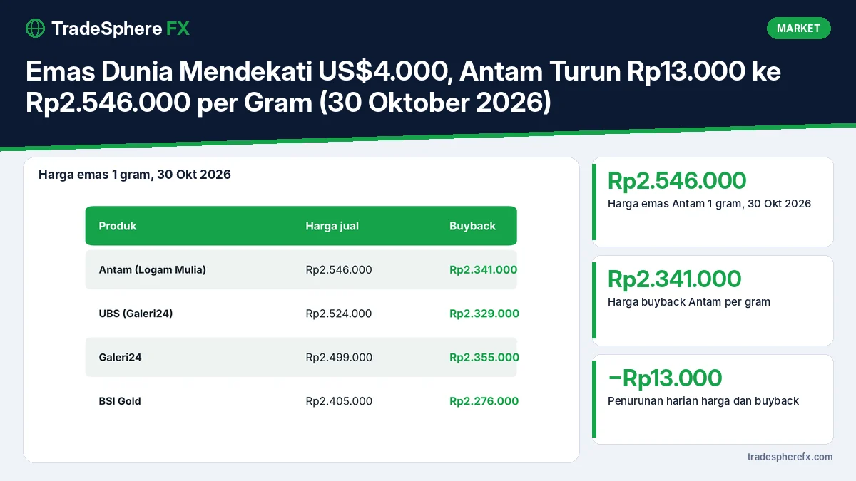 Emas Dunia Mendekati US$4.000, Antam Turun Rp13.000 ke Rp2.546.000 per Gram (30 Oktober 2026)