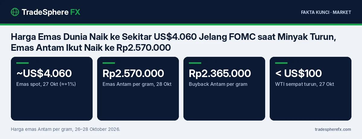 Fakta kunci: Harga Emas Dunia Naik ke Sekitar US$4.060 Jelang FOMC saat Minyak Turun, Emas Antam Ikut Naik ke Rp2.570.000