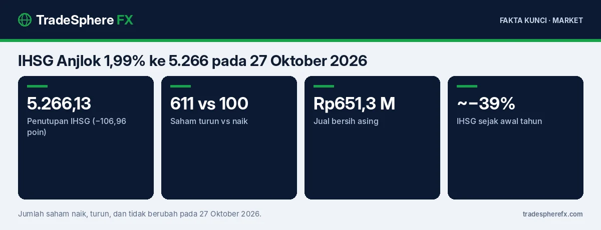 Fakta kunci: IHSG Anjlok 1,99% ke 5.266 pada 27 Oktober 2026: 611 Saham Turun, Asing Jual Rp651 Miliar, dan IHSG Sudah Turun 39% Sejak Awal Tahun