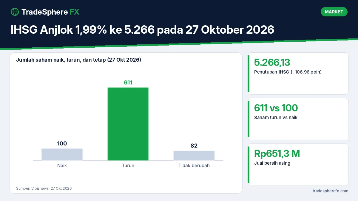 IHSG Anjlok 1,99% ke 5.266 pada 27 Oktober 2026: 611 Saham Turun, Asing Jual Rp651 Miliar, dan IHSG Sudah Turun 39% Sejak Awal Tahun