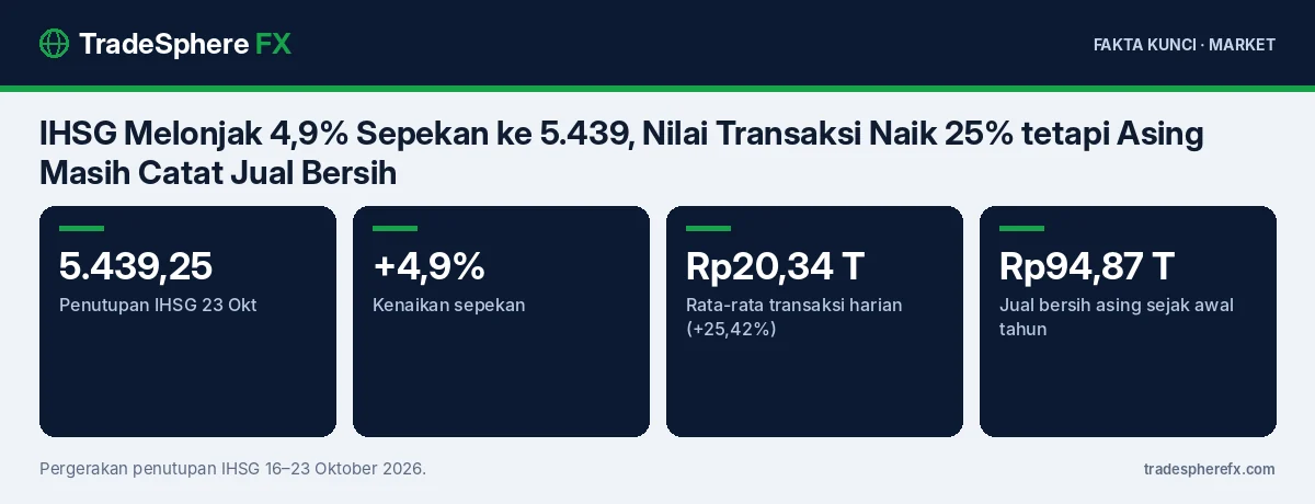 Fakta kunci: IHSG Melonjak 4,9% Sepekan ke 5.439, Nilai Transaksi Naik 25% tetapi Asing Masih Catat Jual Bersih