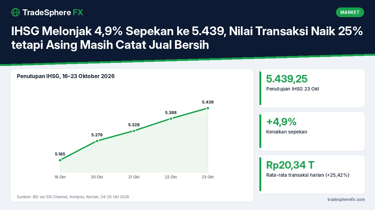 IHSG Melonjak 4,9% Sepekan ke 5.439, Nilai Transaksi Naik 25% tetapi Asing Masih Catat Jual Bersih