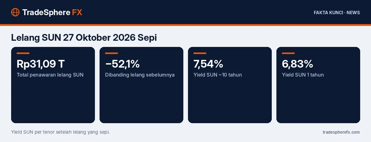 Fakta kunci: Lelang SUN 27 Oktober 2026 Sepi: Penawaran Hanya Rp31,09 Triliun, Turun 52,1% dari Lelang Sebelumnya, Yield 10 Tahun Naik ke 7,54%