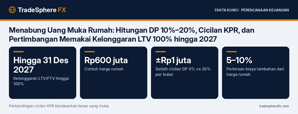 Fakta kunci: Menabung Uang Muka Rumah: Hitungan DP 10%–20%, Cicilan KPR, dan Pertimbangan Memakai Kelonggaran LTV 100% hingga 2027