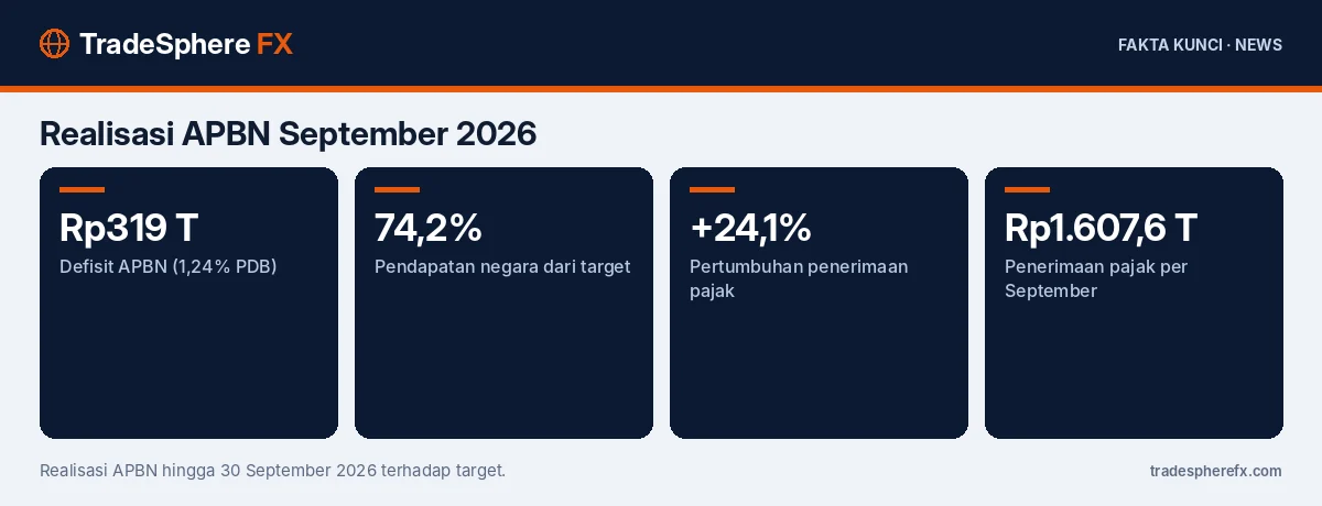 Fakta kunci: Realisasi APBN September 2026: Defisit Rp319 Triliun atau 1,24% PDB, Penerimaan Pajak Tumbuh 24,1% Berkat Coretax