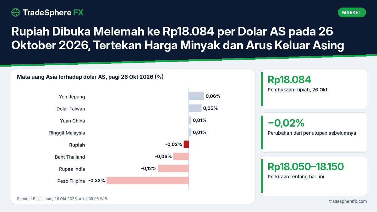 Rupiah Dibuka Melemah ke Rp18.084 per Dolar AS pada 26 Oktober 2026, Tertekan Harga Minyak dan Arus Keluar Asing